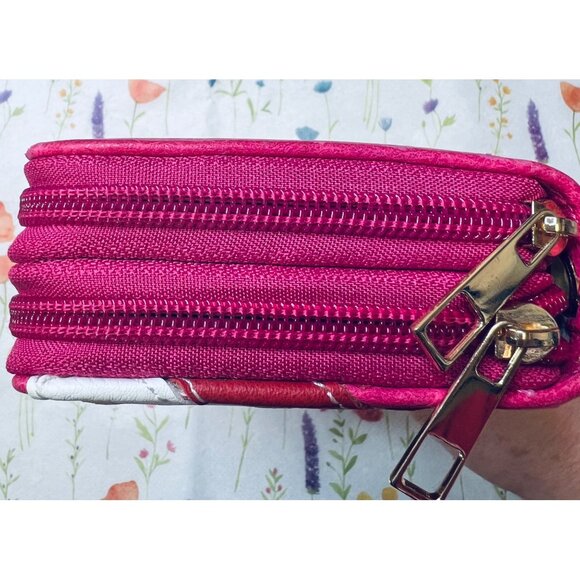 Pink Faux Leather Wallet Clutch Triple Zipper Compartments Wrist Strap Pink/Red - Picture 5 of 6